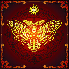 Mysterious background: the stylized color image of a moth the Dead Head, a mystical circle, a decorative frame. Esoteric, mysticism, occultism. Print, poster, t-shirt, card. Vector illustration.