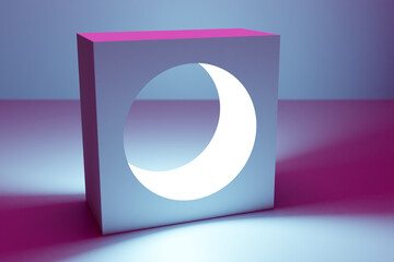 3d illustration classic still life with a geometric volumetric figure, a square with a round hole inside with a shadow under a blue-pink neon color