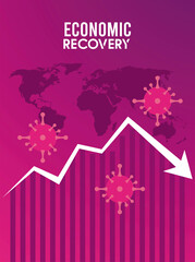 economic recovery for covid19 poster with virus particles and arrow down in earth maps