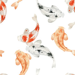 Seamless pattern with Japanese theme in watercolor style. Watercolor carps. Japanese elements. - 409155995