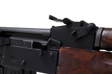 Close-up shot of Kalashnikov rifle AKM Avtomat Kalashnikova Kalashnikov assault rifle on white