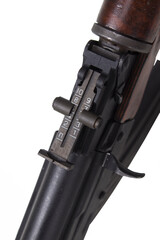 Close-up shot of Kalashnikov rifle AKM Avtomat Kalashnikova Kalashnikov assault rifle on white