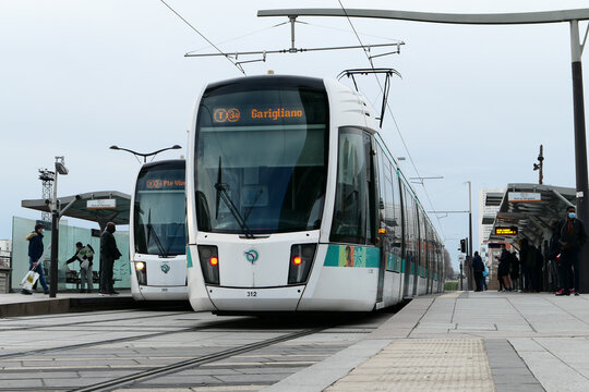 Paris, France. January 24. 2021. Tram crossing in the Bercy district. Public and ecological transport.
