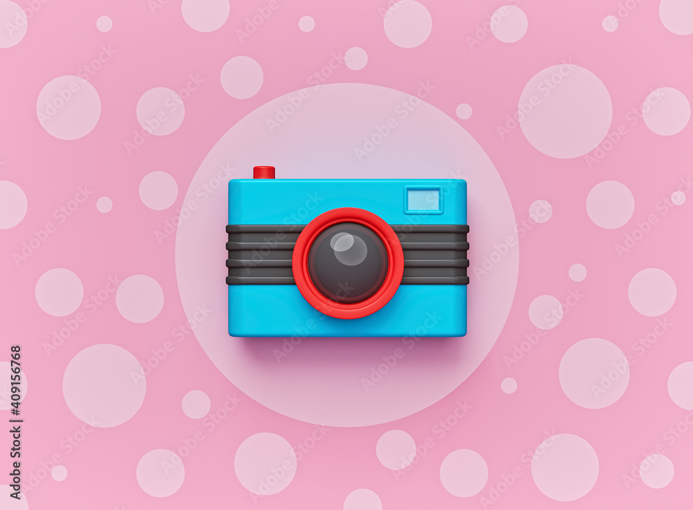 Poster minimal camera on abstract circles background. 3d rendering