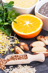 Beneficial eating for thyroid gland. Healthy ingredients as source vitamins and minerals
