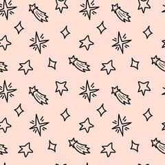 Space black and white doodle seamless pattern - hand drawn line digital paper with space, stars and comet, abstract cute kids seamless background for textile, scrapbooking, wrapping paper