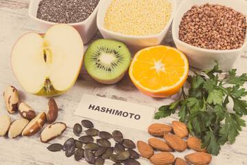 Inscription hashimoto with products and ingredients as source vitamins for healthy thyroid
