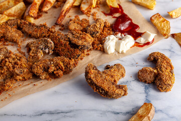 Anlged image of homemade air fried potato chunks and breaded crunchy mushrooms on parchment baking paper over marble countertop. Ketchup and mayonnaise dips are on the paper for a quick nibble.