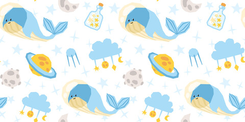 Space cartoon kids seamless pattern, celestial digital paper with space whale, planet, cloud, moon and stars, nursery seamless background for textile, scrapbooking, wrapping paper, wallpaper