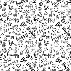 Hand drawn words Be Happy seamless pattern. Vector background with letters for paper, fabric.