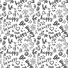 Obraz premium Hand drawn words Be Happy seamless pattern. Vector background with letters for paper, fabric.