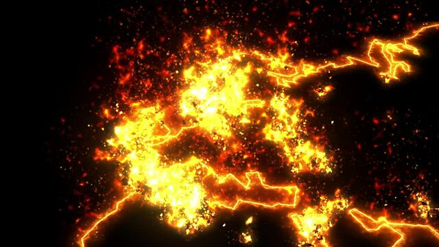 Europe map on fire burning animation	