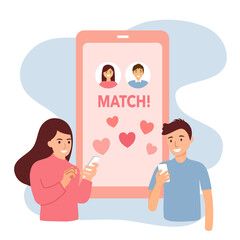 Loving couple chatting via smartphone. Online dating app. Lovers making video call. Long distance relationship. Valentine’s Day concept vector illustration.