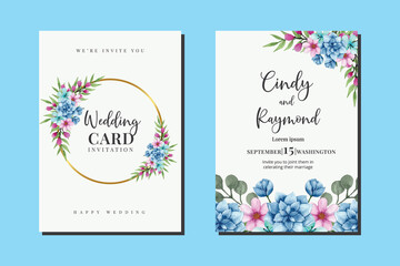 Obraz na płótnie Canvas Wedding invitation frame set, Blue floral watercolor hand drawn Dahlia Flower design Invitation Card Template