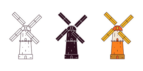 Set of flat minimalism windmill in three variations. Colored, silhouette and contour. Vector illustration