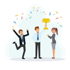 Successful businessman holding a trophy surrounding by Colleagues who came to congratulate. Flat vector cartoon character illustration.