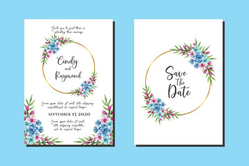 Wedding invitation frame set, Blue floral watercolor hand drawn Dahlia Flower design Invitation Card Template