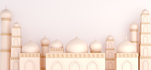 Islamic decoration background with mosque on white , ramadan kareem, mawlid, iftar, isra  miraj, eid al fitr adha, muharram, copy space text area, 3D illustration.