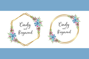 Wedding invitation frame set, Blue floral watercolor hand drawn Dahlia Flower design Invitation Card Template