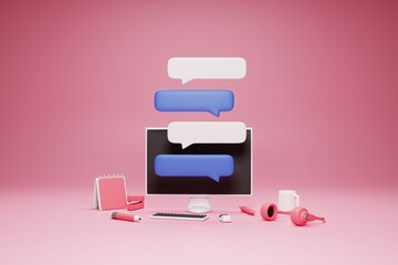 Chat box on screen monitor, Conversation concept.3D render