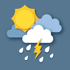 Sun with Raincloud and Lightening Bolt. Paper cut Weather. Storm time. Rain drops in the dark sky and thunder.