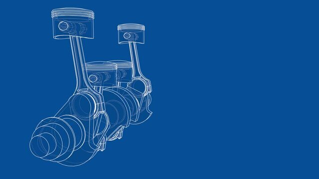 Animation of crankshaft and four pistons. Wire-frame or blueprint style