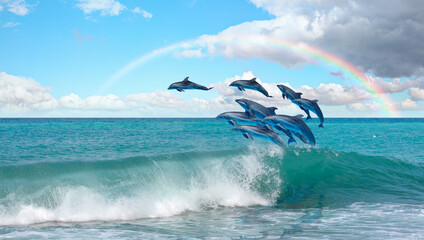 Group of dolphins jumping on the water Rainbow in the background - Beautiful seascape and blue sky - obrazy, fototapety, plakaty
