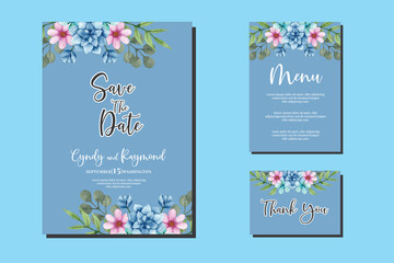 Wedding invitation frame set, Blue floral watercolor hand drawn Dahlia Flower design Invitation Card Template