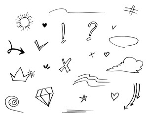 Doodle vector set illustration with hand draw line art style vector. Crown, king, sun, arrow, heart, love, star, swirl, swoops, emphasis, for concept design
