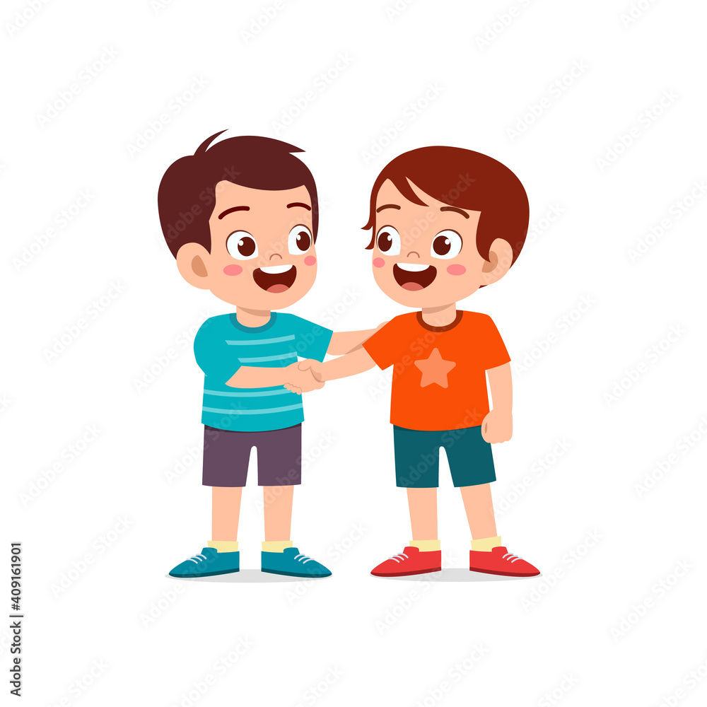 Sticker cute little kid boy do hand shake with his friend