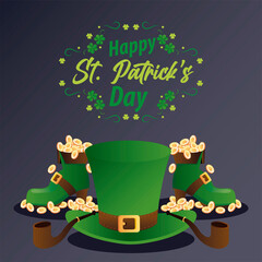 happy saint patricks day lettering with treasure coins in elf boots and hat
