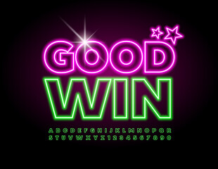 Vector entertainment flyer Good Win. Bright Green Font. Neon Led Alphabet Letters and Numbers set