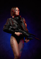 Brown haired female mercenary dressed in black jacket and posing with nude and tattooed legs. Portrait of a beautiful martial woman in cyberpunk style with glasses and short haircut.