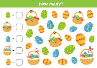 Counting game with Easter eggs and baskets. Math worksheet.