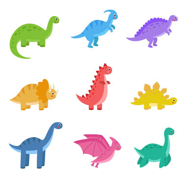 Collection of cartoon colorful dinosaurs on white background.