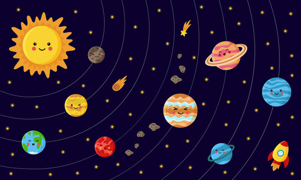 Collection of solar system planets. Scheme of Solar system.