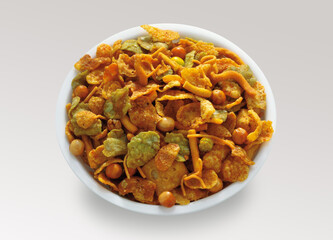 Delicious and crunchy Mix Nimco in golden antique bowl, Top shot of nimko, Traditional refreshment for tea time or evening brunch.