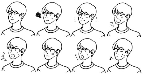 若い男性　表情アイコン集　線画　vol.2