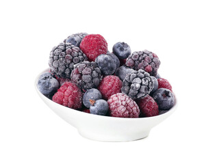 Bowl with different frozen berries on white background