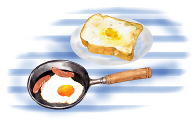 フライパンの中の目玉焼きとトースト