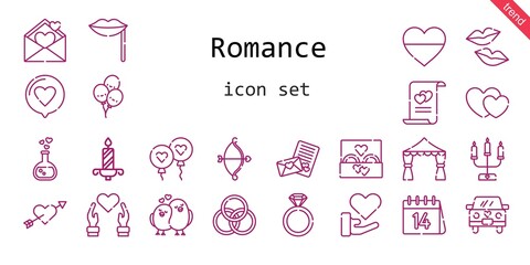 romance icon set. line icon style. romance related icons such as love, wedding ring, balloon, engagement ring, balloons, kiss, heart, love potion, wedding car, cupid, lips