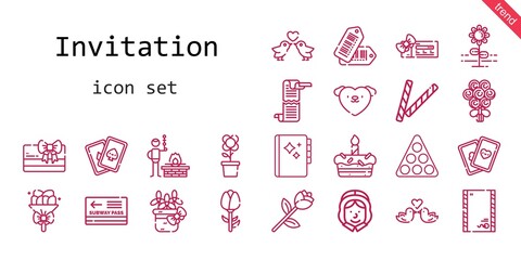 Obraz premium invitation icon set. line icon style. invitation related icons such as love, cards, pass, voucher, pool, scroll, bouquet, pilgrim, agenda, decorative, flower, tags, bbq, envelope