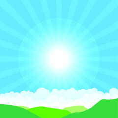 Fototapeta premium Summer landscape with sky and hills on horizon. Cartoon flat scene with blue skies, green grass pasture fields spring beautiful nature vector illustration