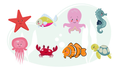 Vie marine, animaux marins dans un style plat isolé sur fond blanc. Illustration vectorielle. Collection d& 39 animaux de dessin animé mignon : hippocampe, étoile, poulpe, tortue, poisson, méduse, crabe