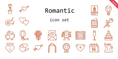 romantic icon set. line icon style. romantic related icons such as love, dress, dreamcatcher, bouquet, wedding video, favourite, heart, champagne glass, cupid, hot air balloon, wedding cake
