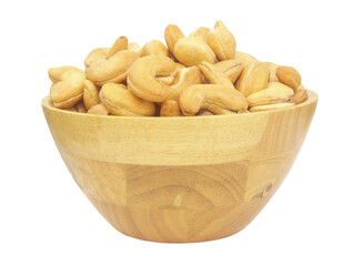 Roasted cashew nuts in wooden bowl isolated on white background	