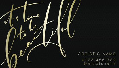 Luxury gold aesthetic beauty care or makeup master business card template with it’s time to be beautiful inspirational quote.