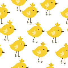 Seamless pattern of cute yellow chickens on a white background, Easter birds in a childish style for design