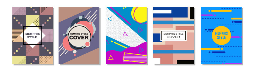 Set of Memphis Style Covers. Flat Vector Illustrations for Background, Brochures, Posters and Banners.