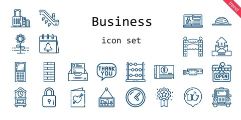 business icon set. line icon style. business related icons such as news, calendar, bus, chimney, suitcase, escalator, belt, like, clock, picture, flower, speech bubble, badge